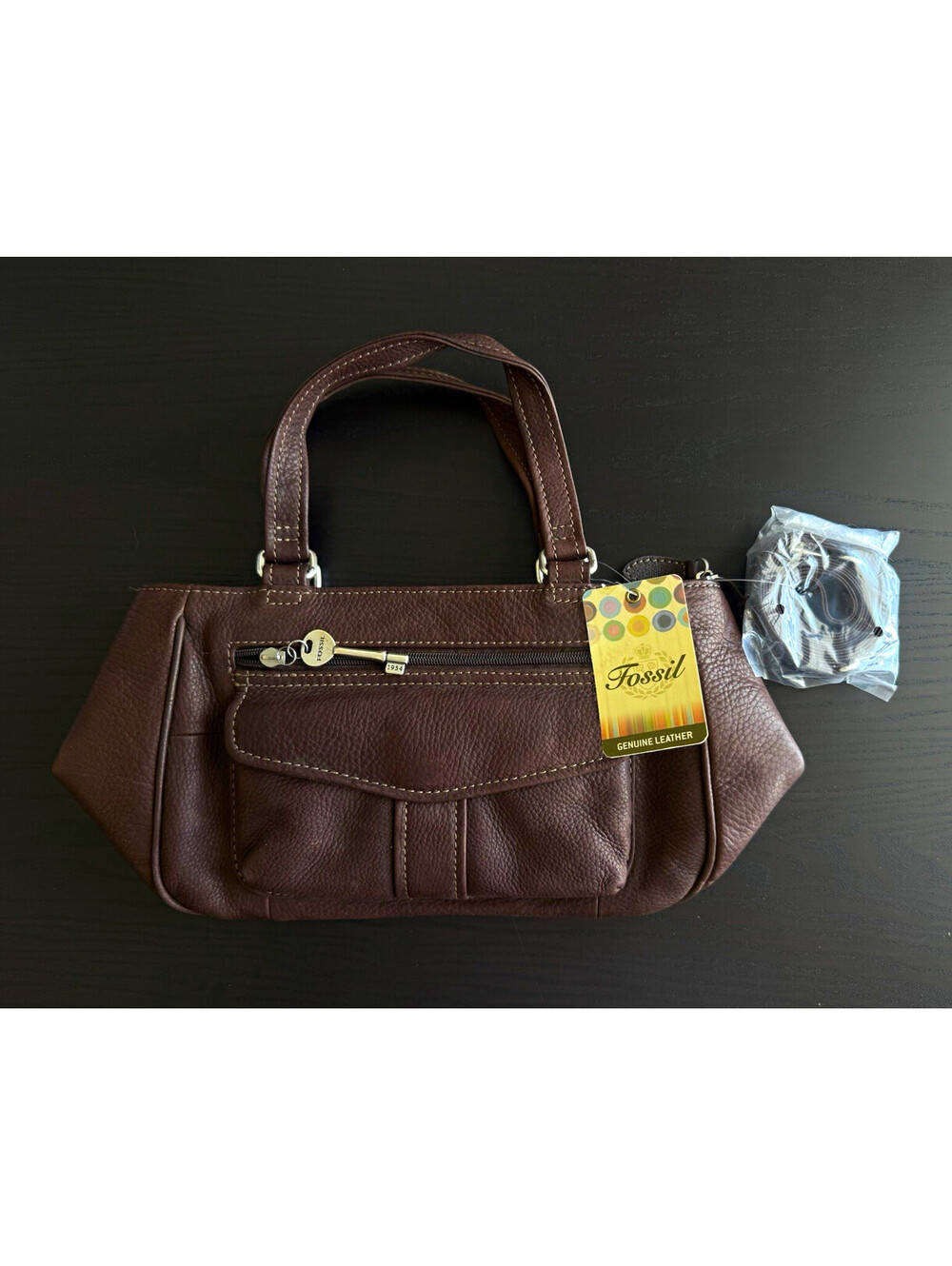 Vintage Fossil NWT Cargo Satchel Espresso Brown Pebbled Leather Bag Charm
